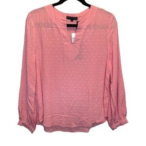 Gibson Gibsonlook Clip Dot Notch Neck Long Sleeve Blouse Pink Rose XS New